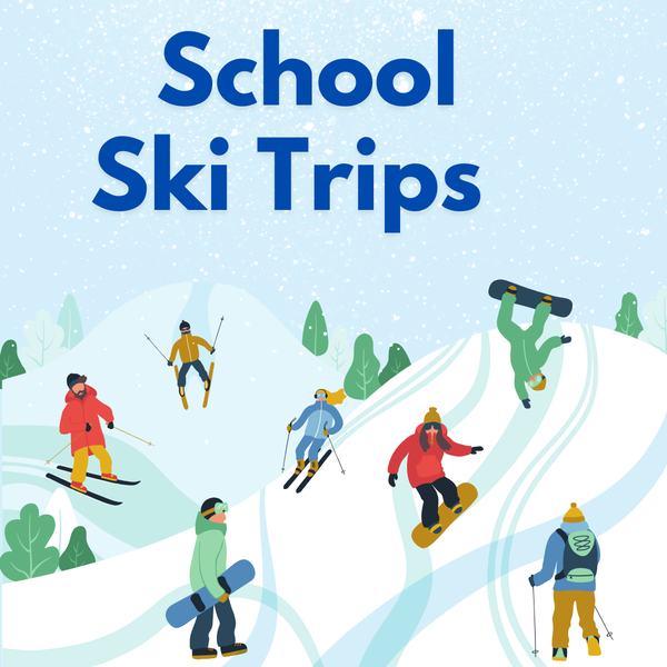 Title School Ski Trips with various people skiing and snowboarding down a mountain